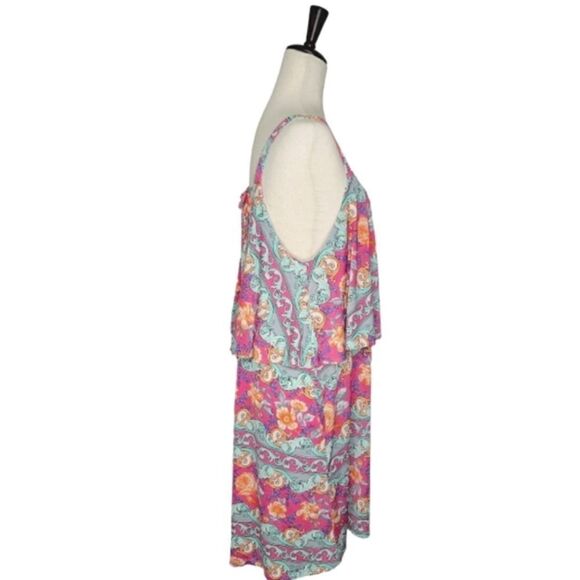 Watermelon Pink Floral Scoop V-neck Yoke Detail Sleeveless Dress Size 1X - Picture 3 of 8